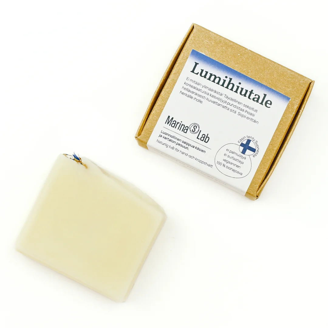 Lumihiutale Palasaippuat – hajusteeton ja väriaineeton luonnollinen saippua herkälle iholle. Puhdistaa hellävaraisesti ja kosteuttaa ihoa ilman ärsytystä.