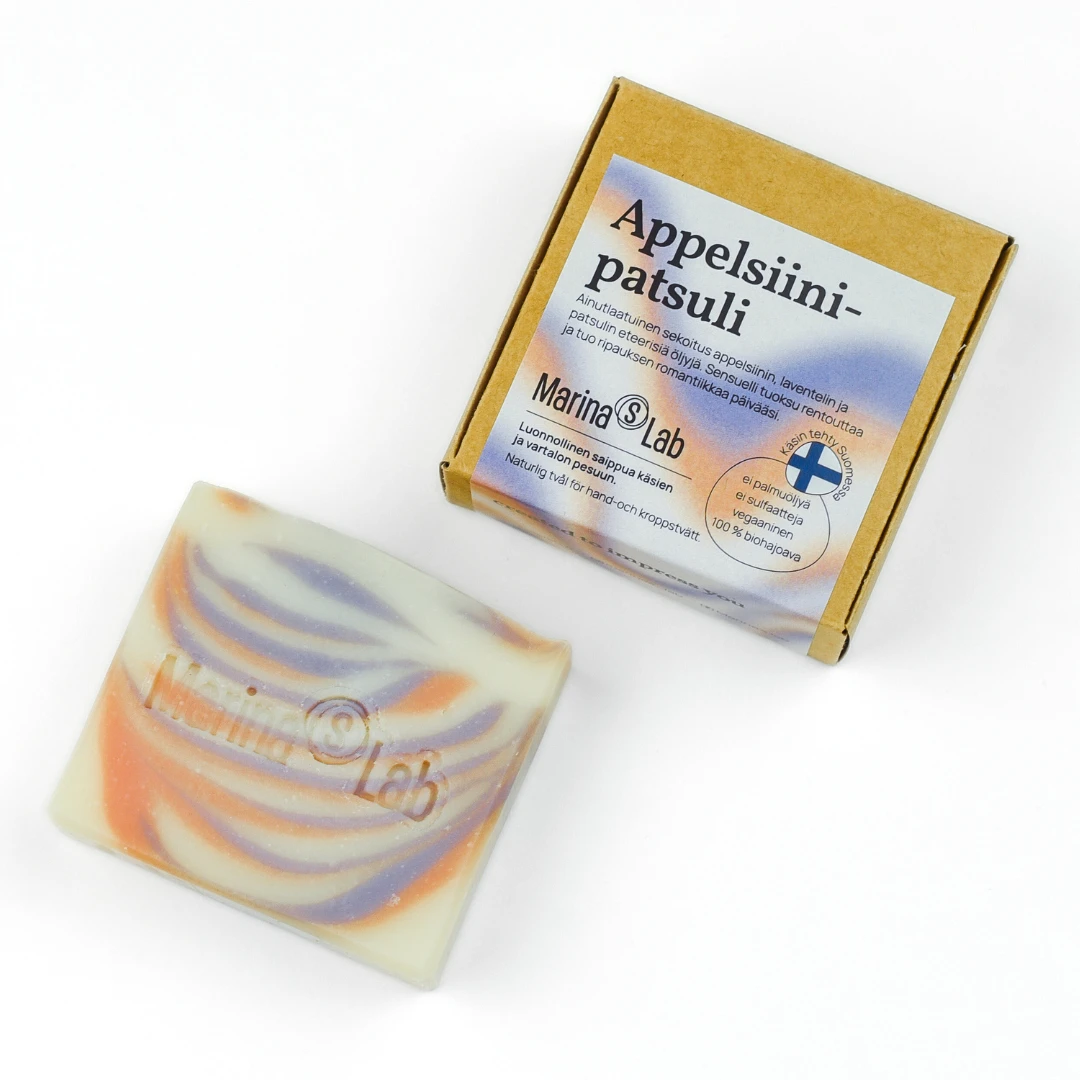 Appelsiini-Laventeli-Patsuli Saippua – käsintehty luonnollinen saippua, jonka sensuelli tuoksu rentouttaa ja hellii ihoa.