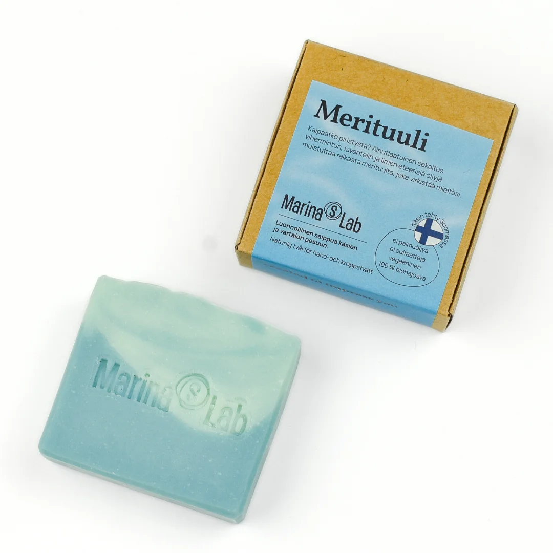 Merituuli Pesusaippua – luonnollinen, raikas pesusaippua vihermintun, laventelin ja limen eteerisillä öljyillä. Hellävarainen ja virkistävä.