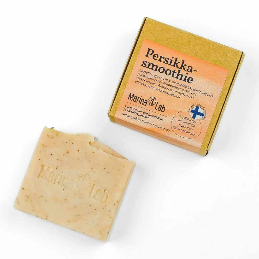 Persikkasmoothie saippua Persikkasmoothie Kuorintasaippua – luonnollinen saippua jaloille ja käsille, jossa jauhettu aprikoosikivi kuorii ja puhdistaa hellävaraisesti.