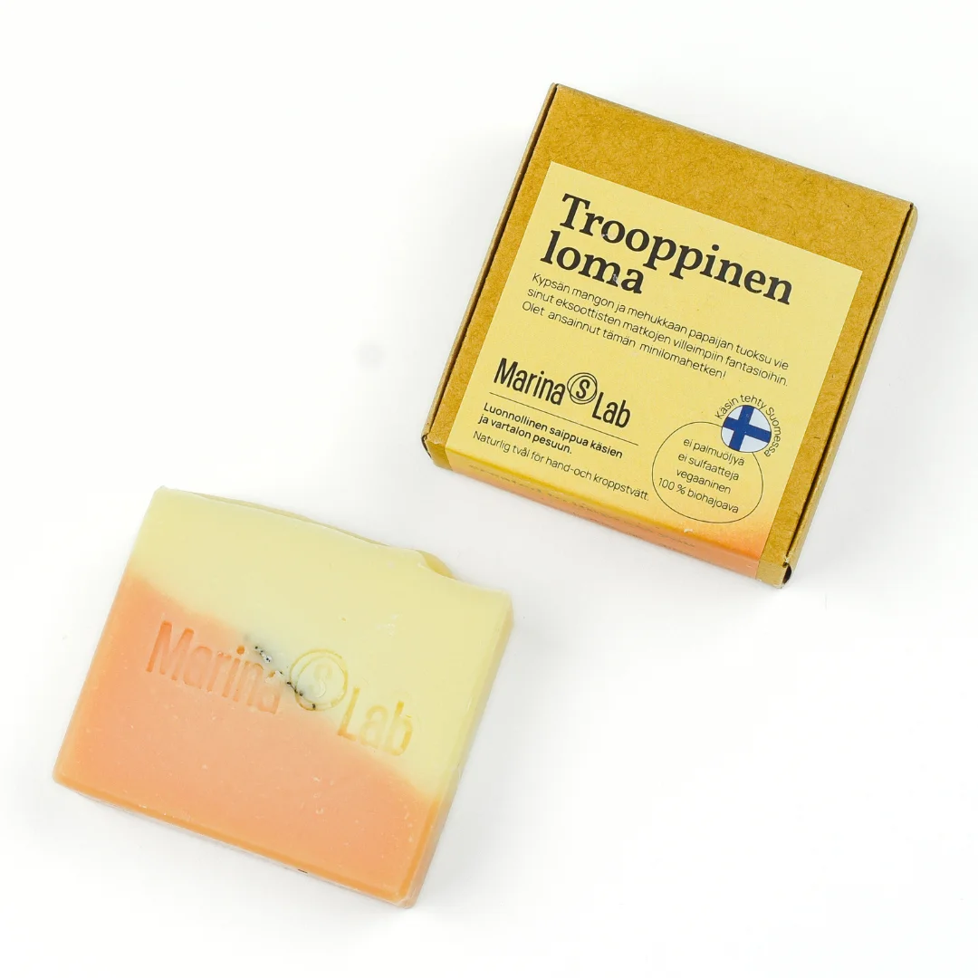 Trooppinen loma saippua Trooppinen Loma Käsintehty Saippua – luonnollinen, vegaaninen saippua, jossa kypsän mangon ja papaijan tuoksu vie sinut eksoottisiin lomatunnelmiin.